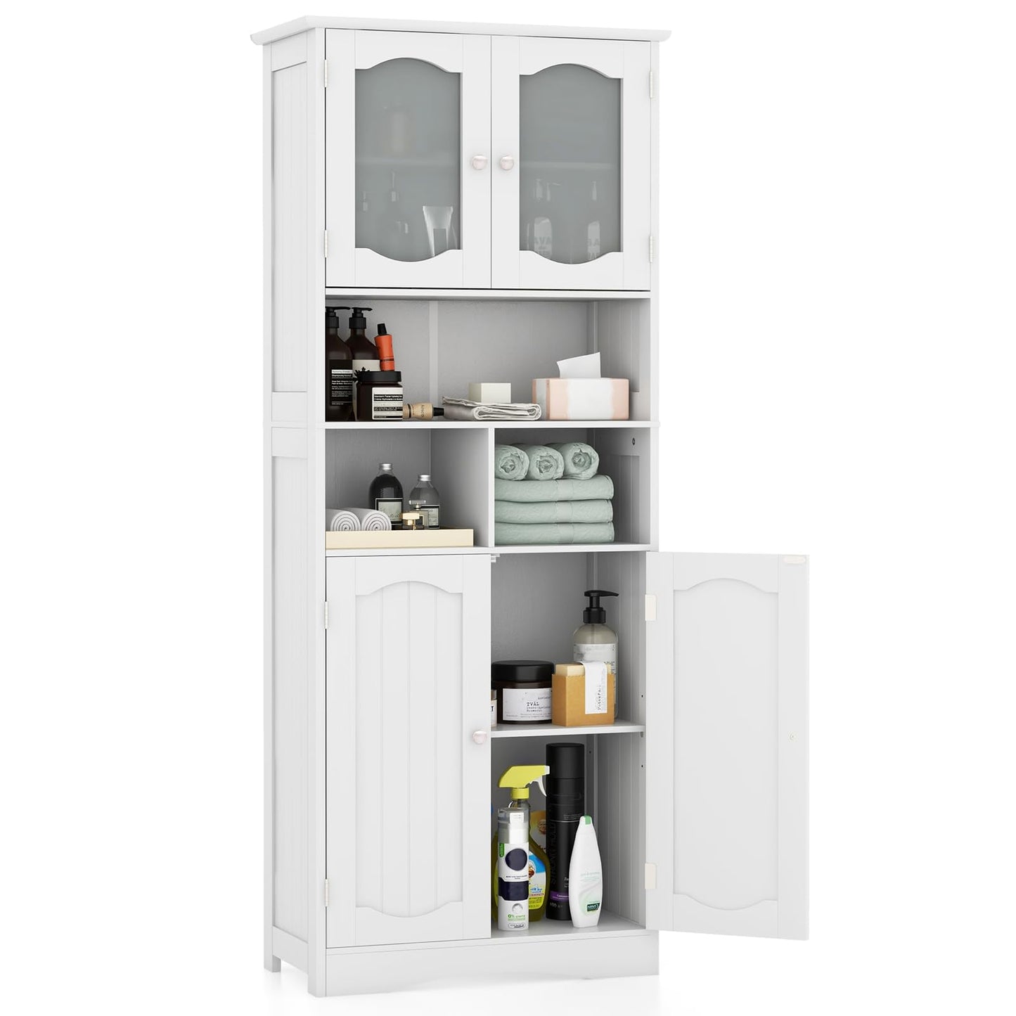 Tangkula 58.5" Tall Bathroom Storage Cabinet, Freestanding Linen Cabinet with Frost Glass Doors and Shelves