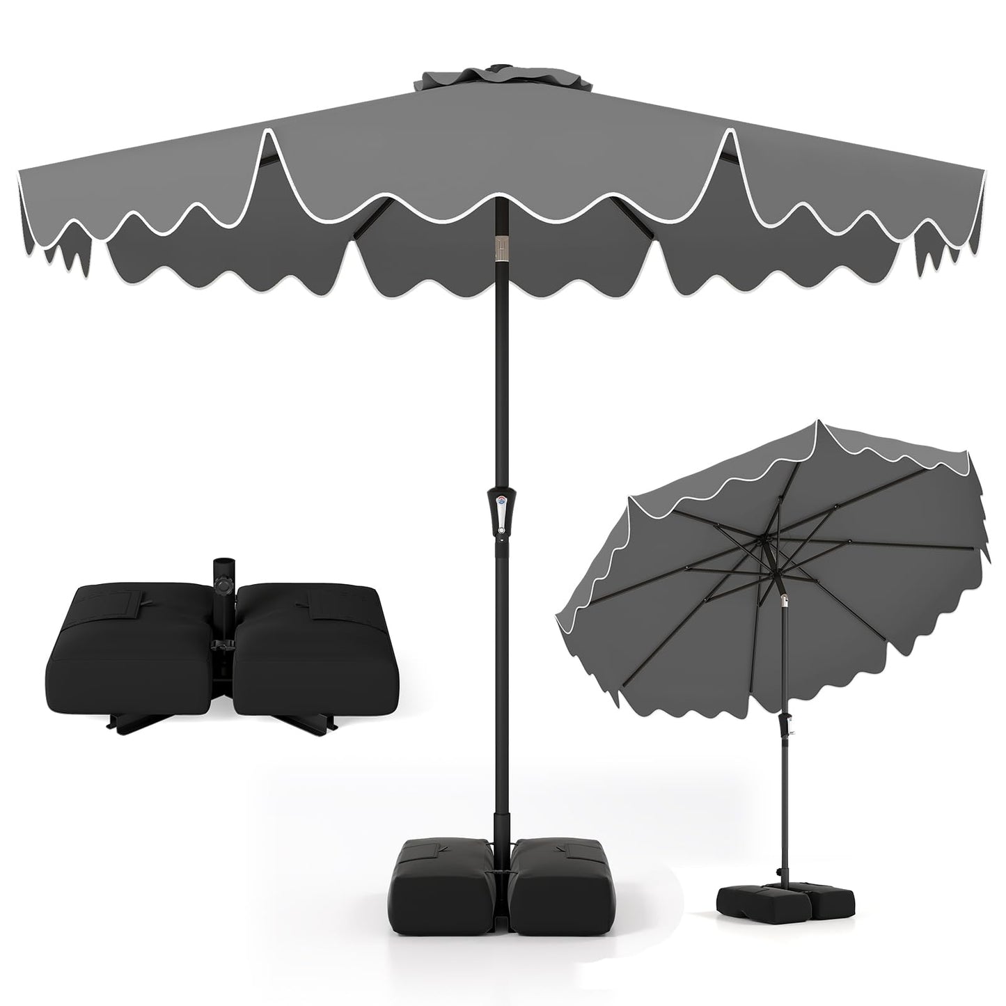 Tangkula 9 FT 2-Tiers Outdoor Scalloped Table Umbrella with Base Included