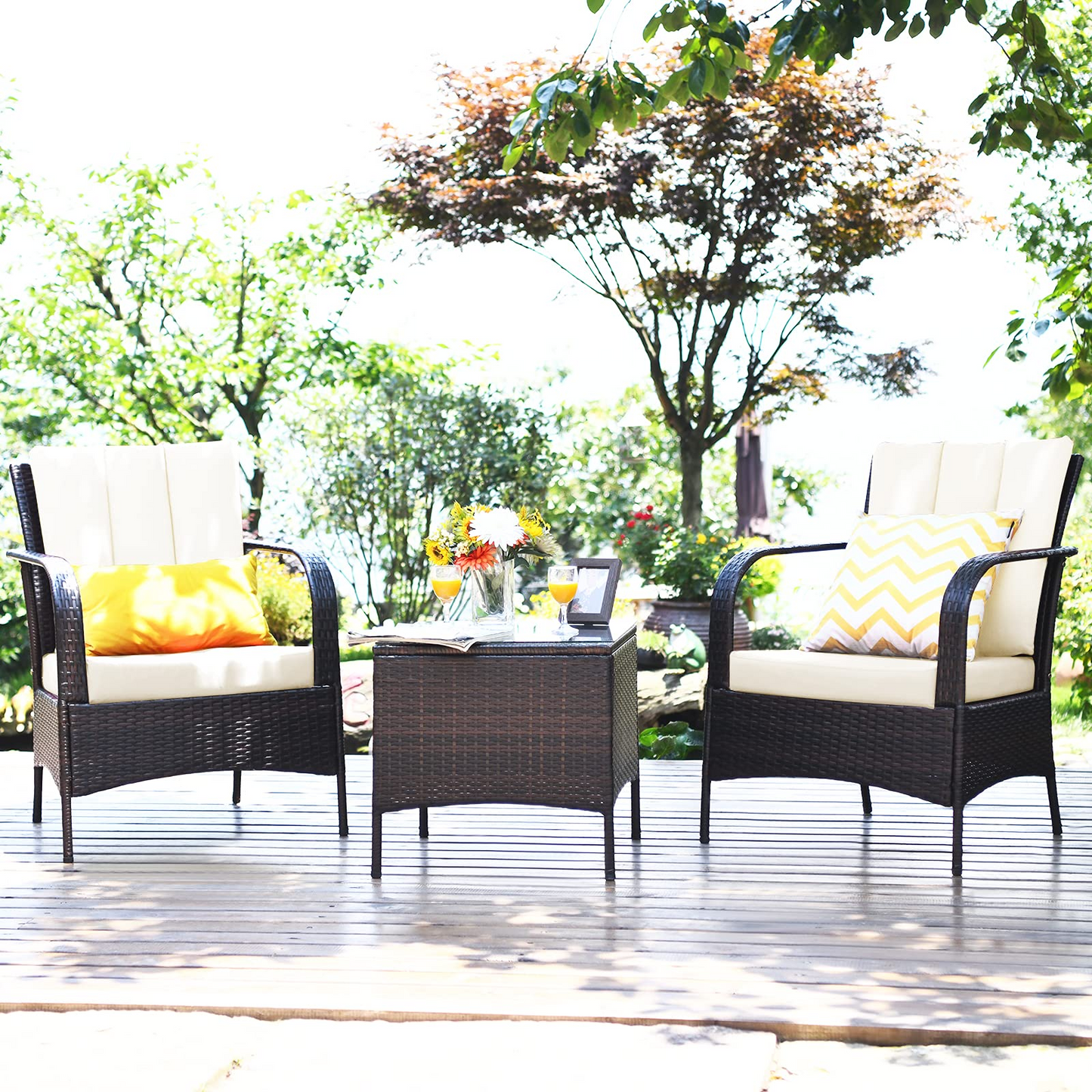 Tangkula 3 Piece Patio Furniture Set, 2 Wicker Chairs with Glass Top Coffee Table