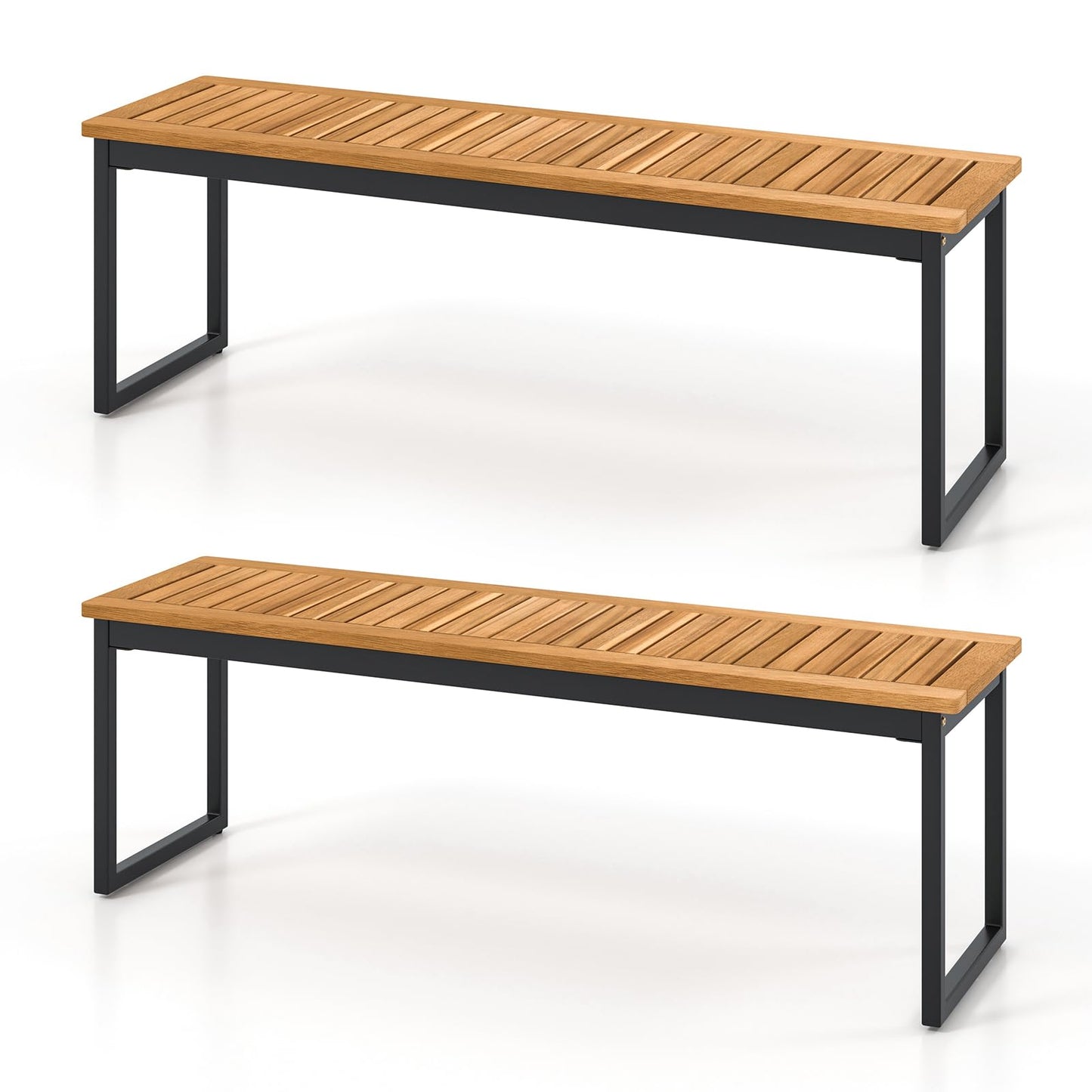 Tangkula Patio Dining Bench, 2-3-person Backless Bench with Slatted Seat & Metal Legs, Indoor Outdoor Bench for Entryway