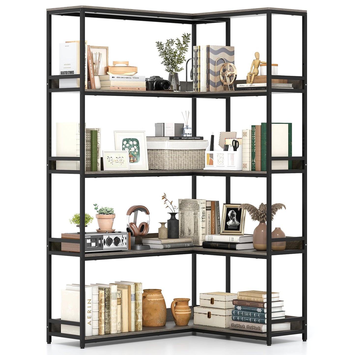 Tangkula Large Corner Bookshelf 90 Degrees 5-Tier Industrial Wood Open Corner Bookcase