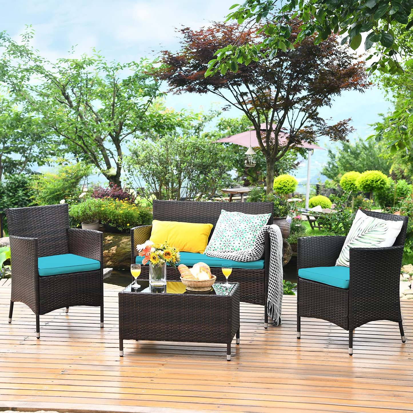 Tangkula 4-PCS Patio Rattan Conversation Set, Outdoor Wicker Furniture Set with Tempered Glass Coffee Table &Thick Cushion