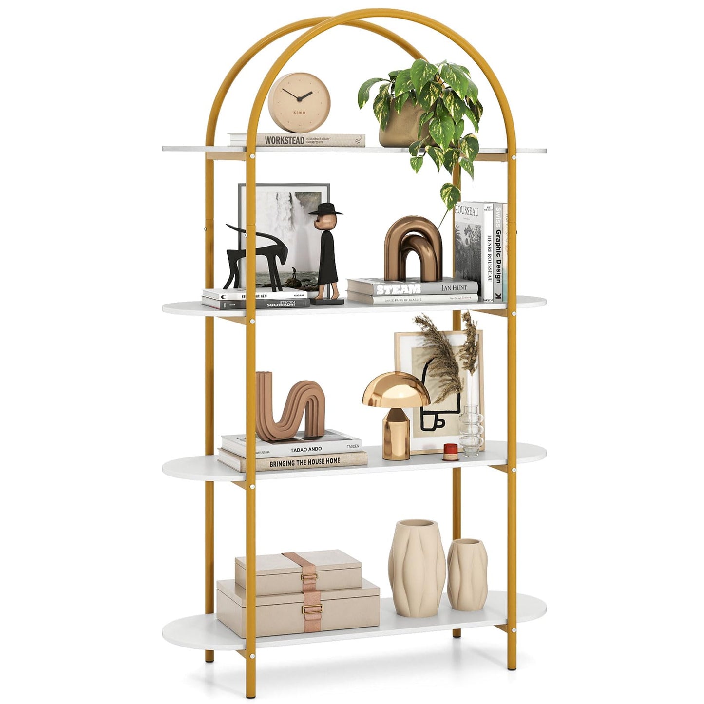 Tangkula 4 Tier Arched Bookshelf 61.5” Industrial Modern Freestanding Storage Rack (1 Pack/2 Pack)