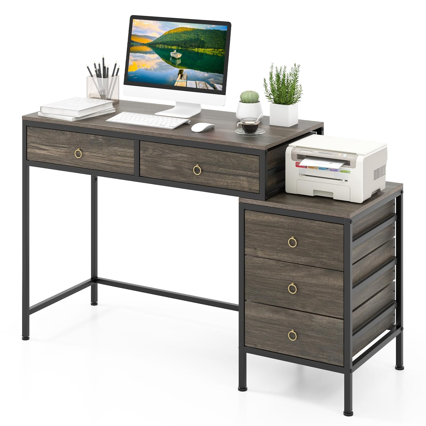 Tangkula Bureau d'ordinateur 130 cm avec 5 tiroirs, support pour imprimante, cadre en métal, table d'étude et d'écriture
