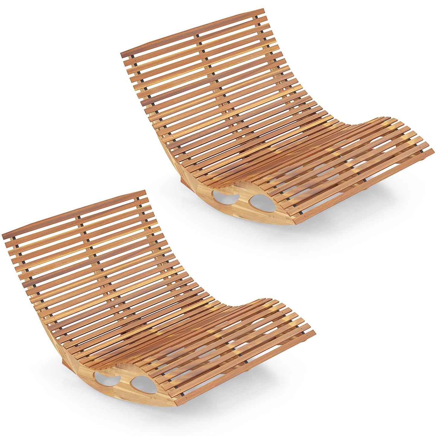 Tangkula Outdoor Double Chaise Lounge Chair, Acacia Wood Rocking Sunbed with Slatted Backrest and Seat