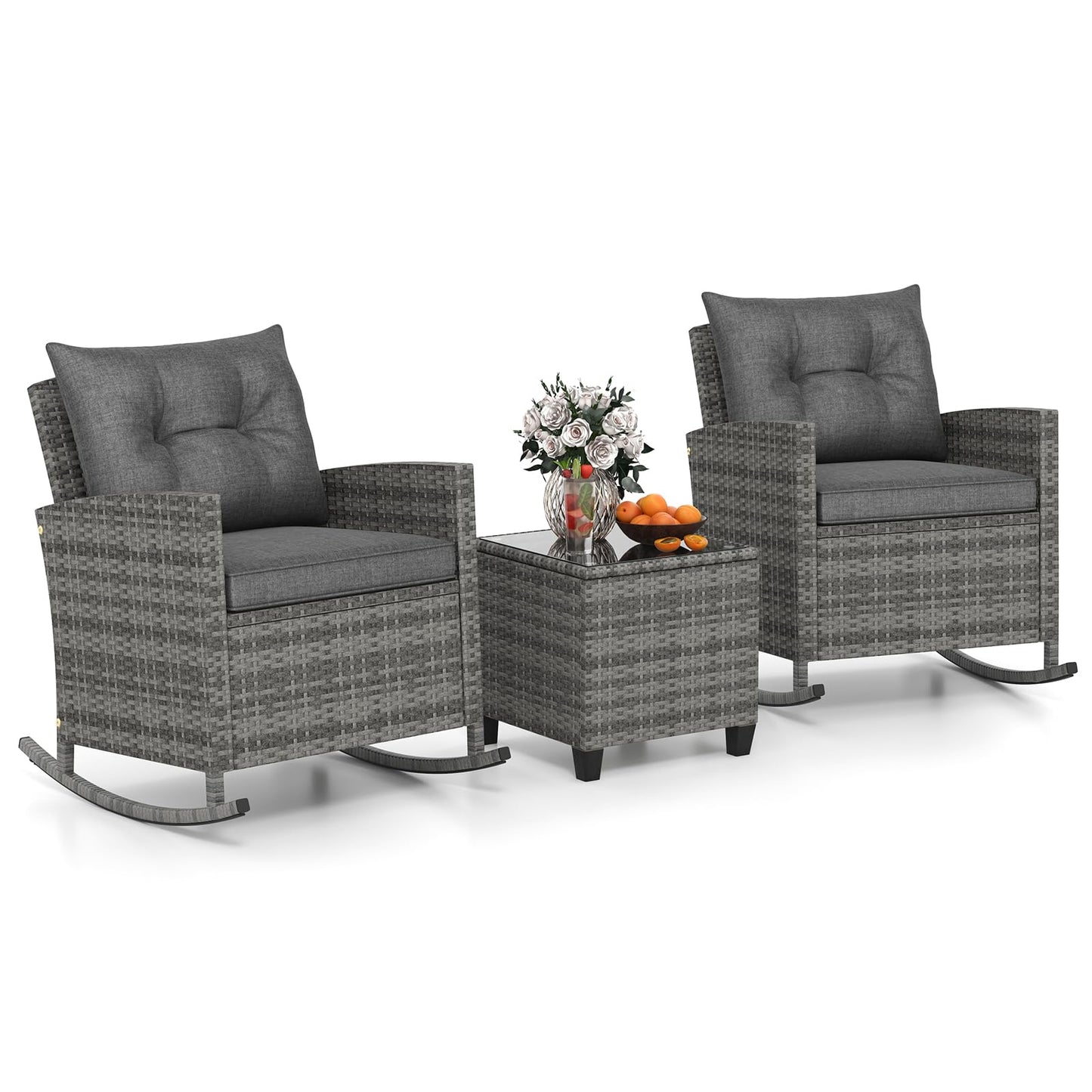 Ensemble de 3 pièces de chaises berçantes en osier Tangkula, chaises à bascule de patio en rotin avec table en verre trempé et coussins moelleux