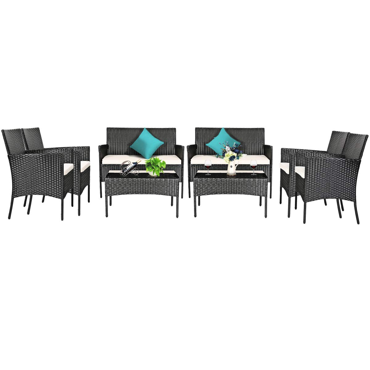 Tangkula Patio Furniture Set, Outdoor Wicker Conversation Set with Tempered Glass Coffee Table