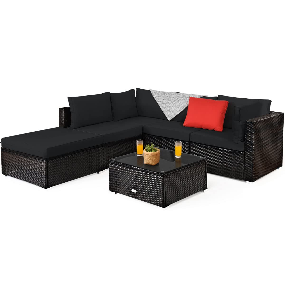 Tangkula 6 Piece Patio Furniture Set,Durable Steel Frame PE Rattan Wicker Sectional Sofa Set