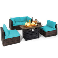 Tangkula 6-Piece Outdoor Wicker Conversation Set with 42 Inches Propane Fire Pit Table