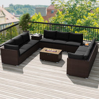 Tangkula 12 Pieces Patio Wicker Sectional Sofa Set with 40,000 BTU Propane Fire Pit Table