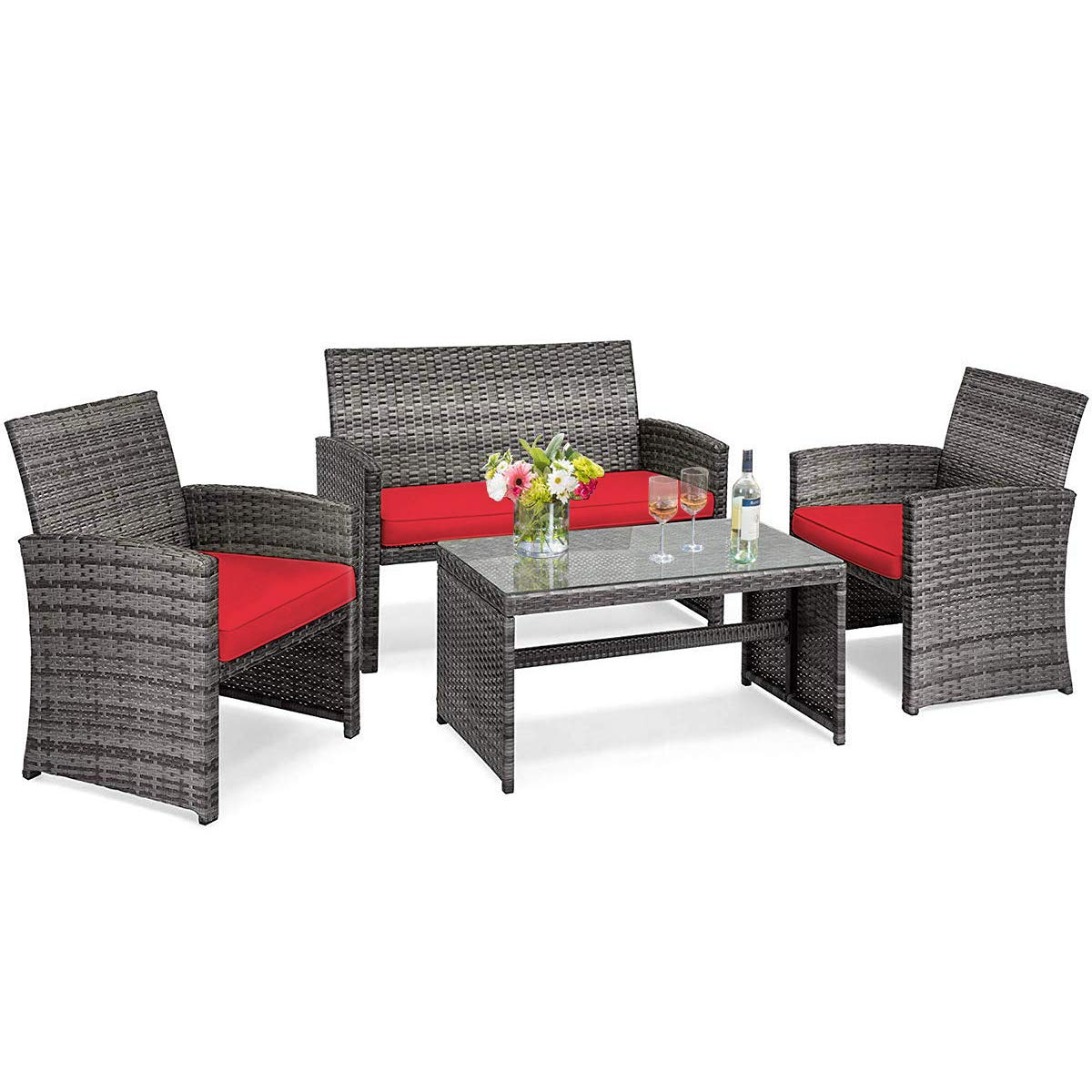 Tangkula 4/8 PCS Wicker Patio Conversation Set, Outdoor Rattan Sofas with Table Set