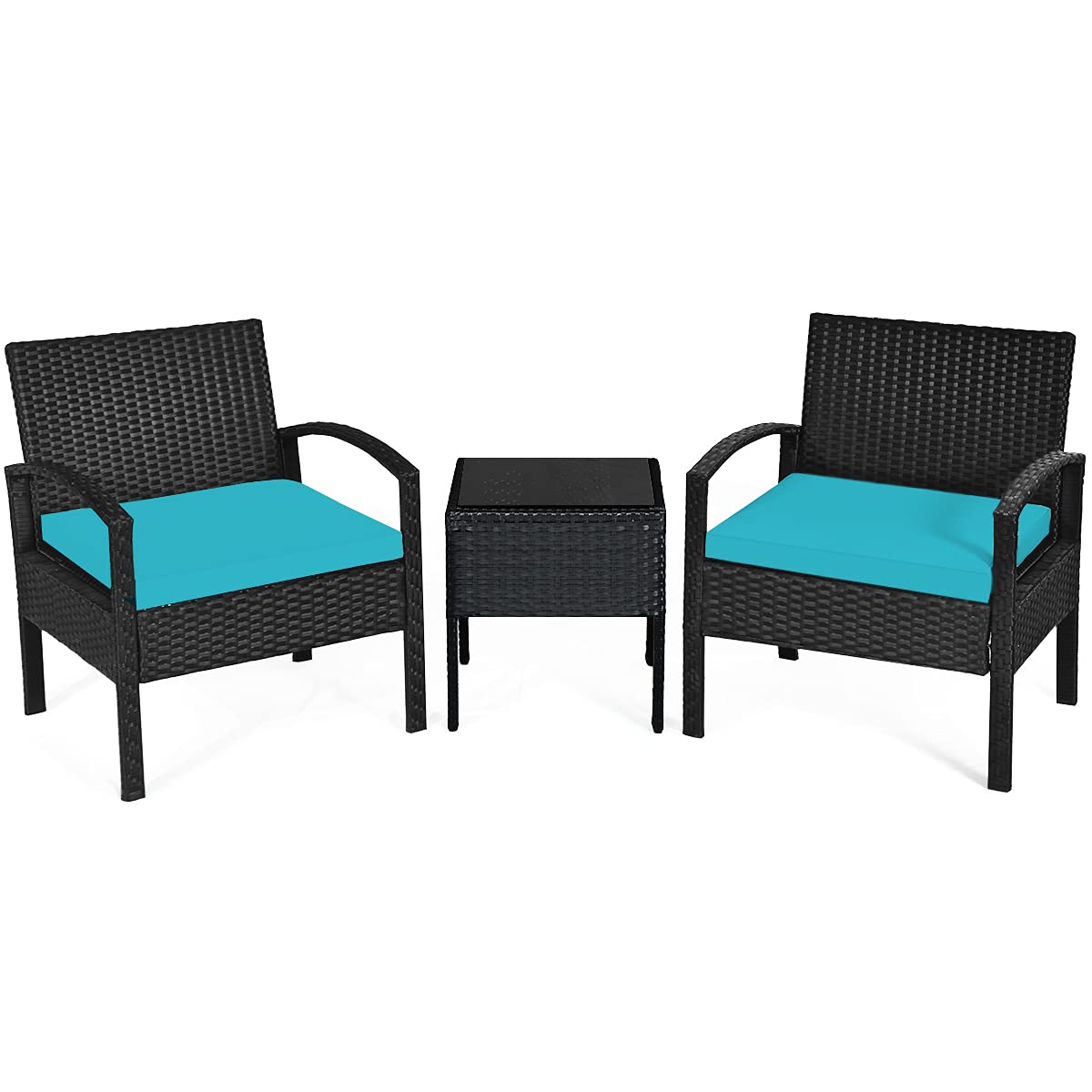 Tangkula 3 Piece Patio Conversation Set, Outdoor Rattan Sofa Set with White Seat Cushions & Coffee Table