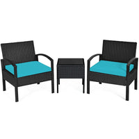 Tangkula 3 Piece Patio Conversation Set, Outdoor Rattan Sofa Set with White Seat Cushions & Coffee Table