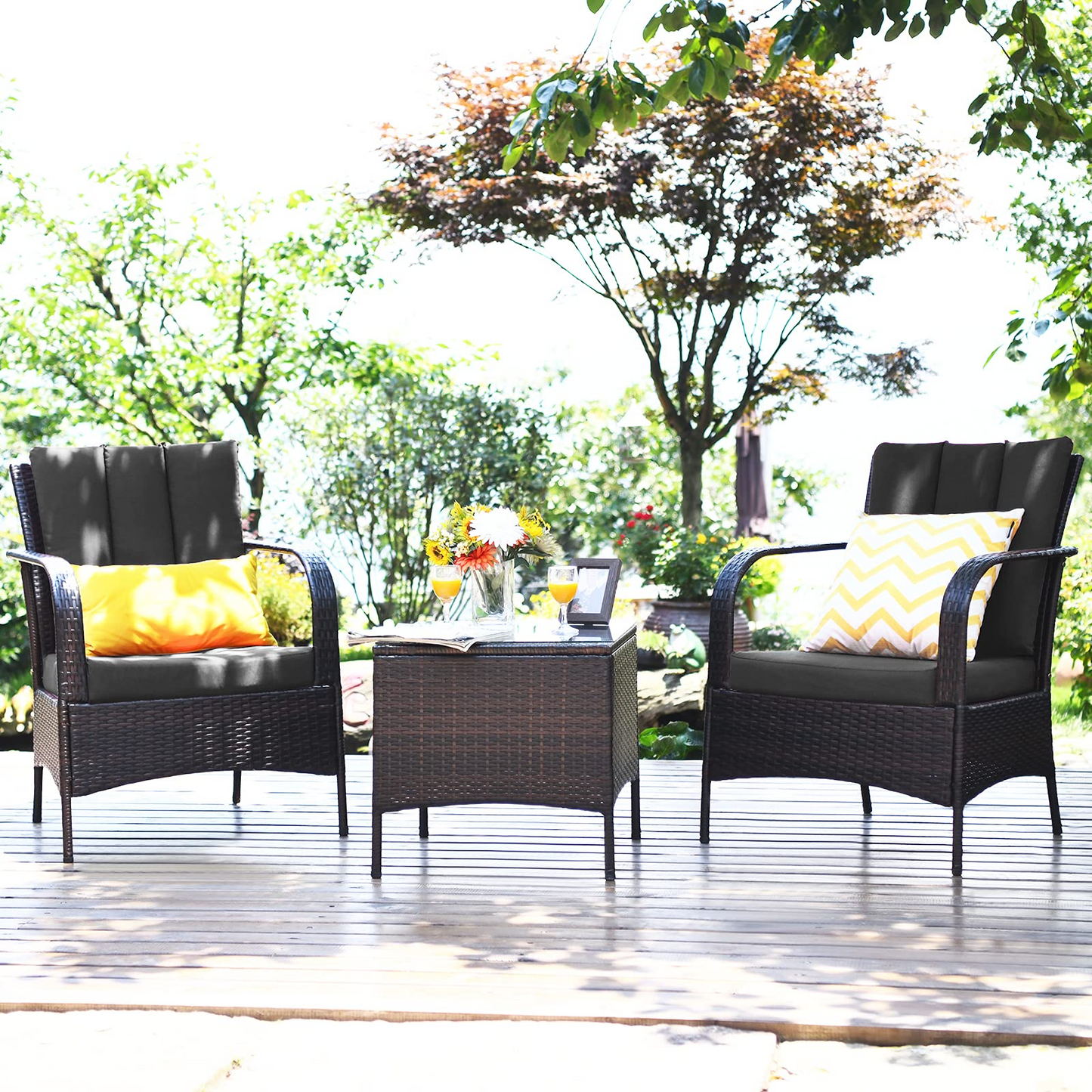 Tangkula 3 Piece Patio Furniture Set, 2 Wicker Chairs with Glass Top Coffee Table
