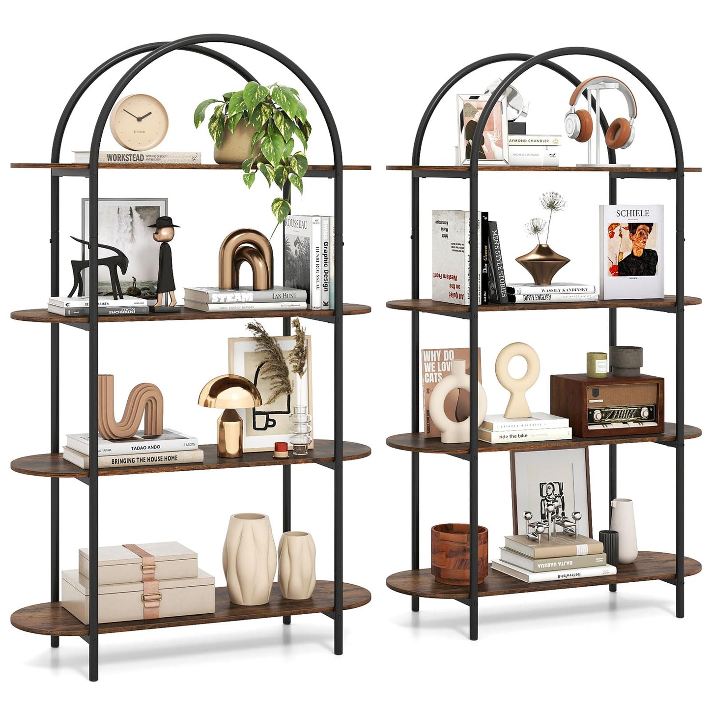 Tangkula 4 Tier Arched Bookshelf 61.5” Industrial Modern Freestanding Storage Rack (1 Pack/2 Pack)