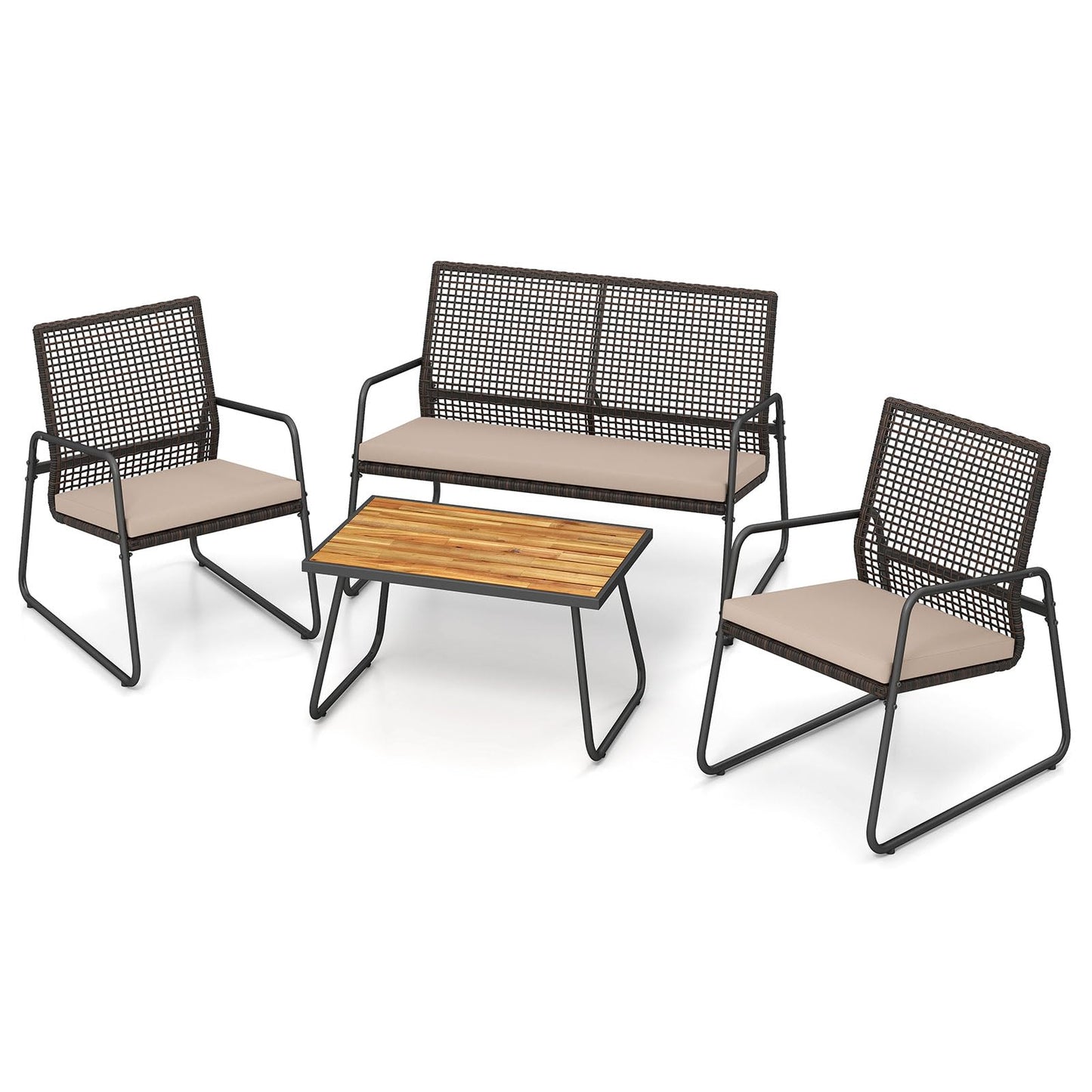 Tangkula 4 Pieces Patio Furniture Set with Acacia Wood Coffee Table & Zippered Cushions
