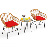 3 Pieces Patio Bistro Set, Rattan Conversation Set with 2 Cushioned Armchairs & Round Glass Coffee Table