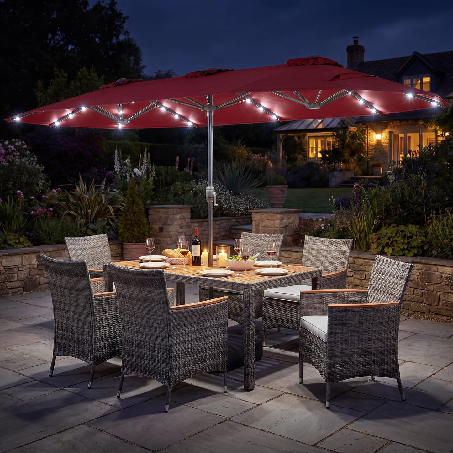 Tangkula 9 Pieces Rattan Outdoor Dining Set with 13Ft Solar Patio Umbrella for 6