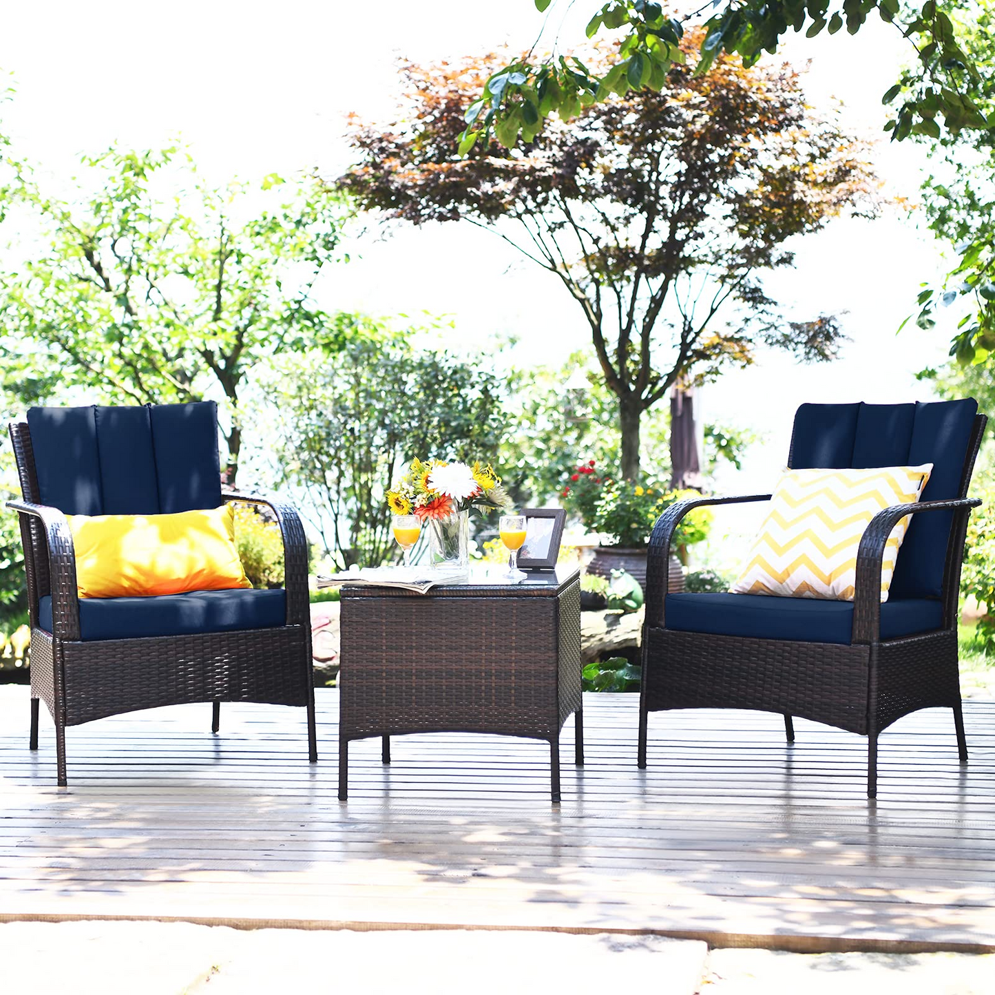 Tangkula 3 Piece Patio Furniture Set, 2 Wicker Chairs with Glass Top Coffee Table