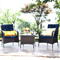 Tangkula 3 Piece Patio Furniture Set, 2 Wicker Chairs with Glass Top Coffee Table