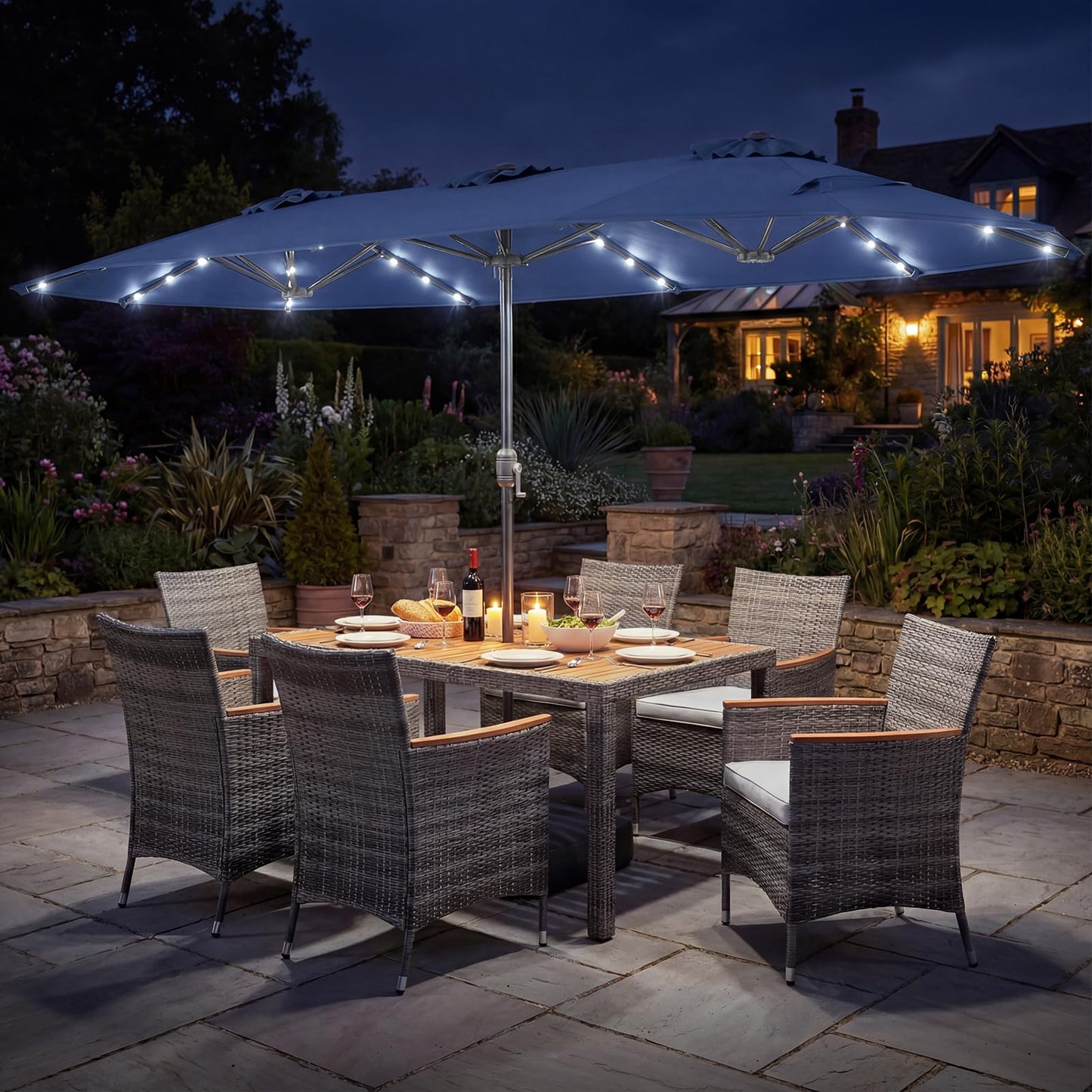 Tangkula 9 Pieces Rattan Outdoor Dining Set with 13Ft Solar Patio Umbrella for 6