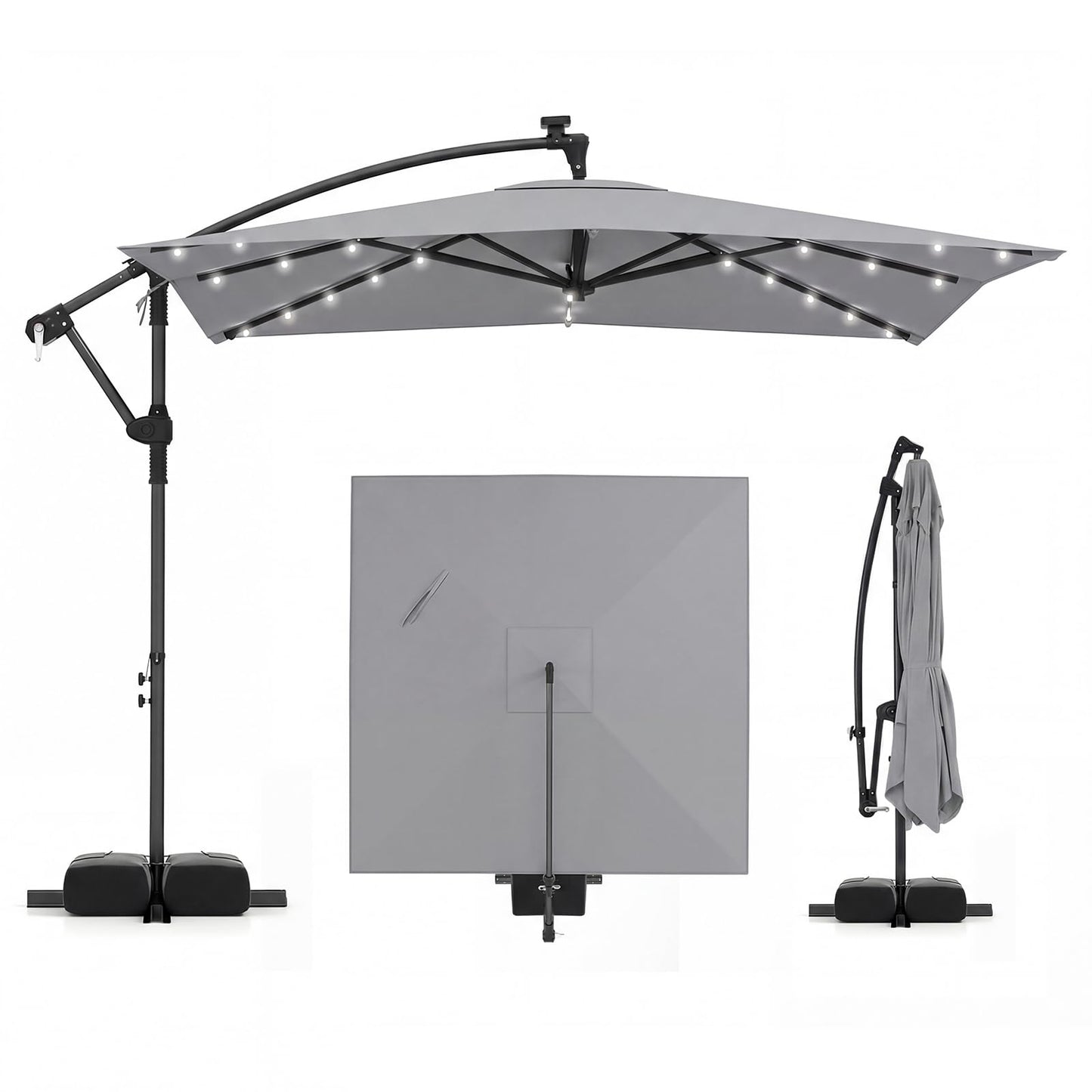 Tangkula 8x8 FT Solar Patio Umbrella with Base Included Square Offset Cantilever 360 Degree Rotation 32 LED Lights
