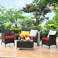 Tangkula 4-PCS Patio Rattan Conversation Set, Outdoor Wicker Furniture Set with Tempered Glass Coffee Table &Thick Cushion