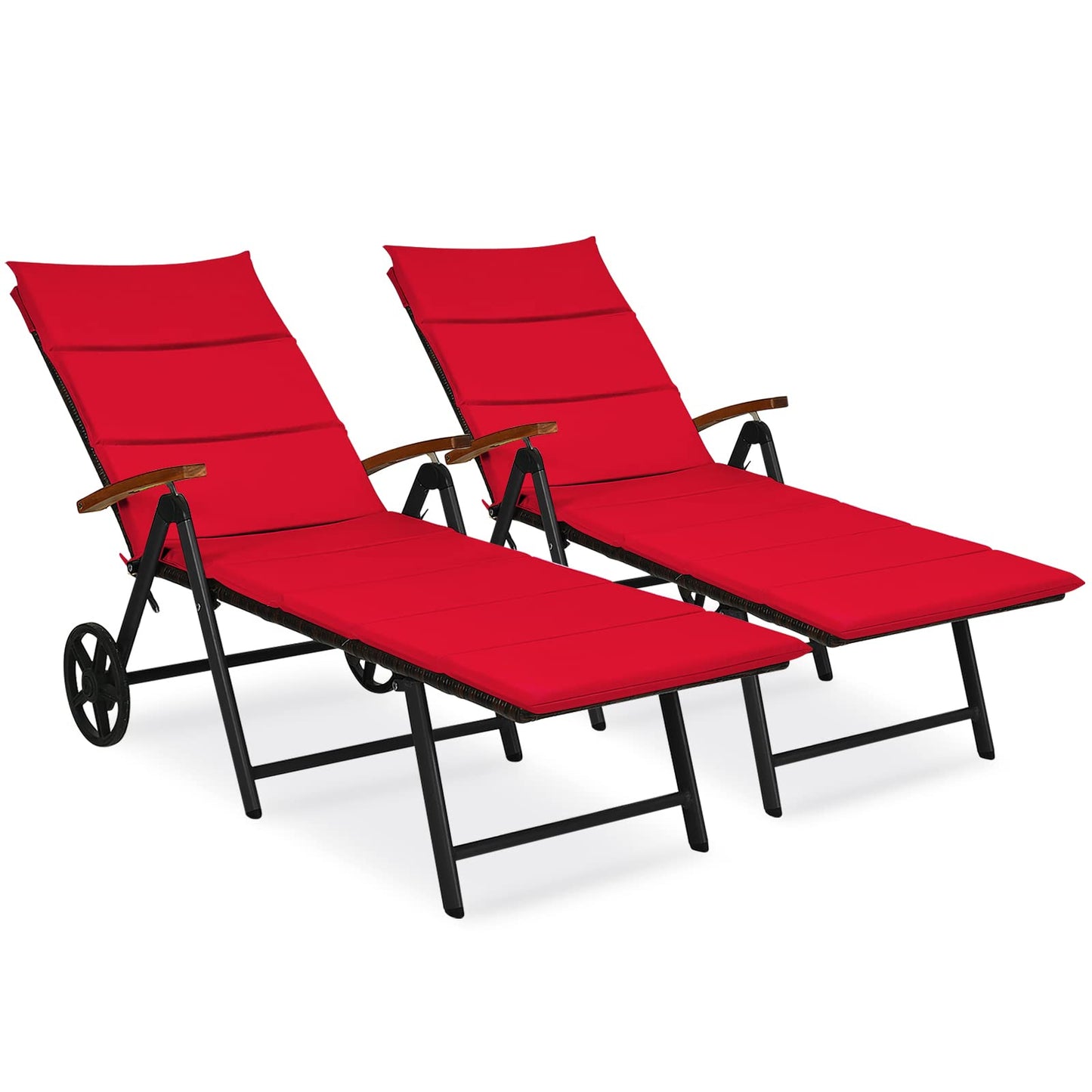 Tangkula Foldable Outdoor Chaise Lounger, Wicker Lounger Chair with Aluminum Black Frame, Wheels for Easy Moving