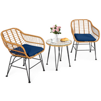 3 Pieces Patio Bistro Set, Rattan Conversation Set with 2 Cushioned Armchairs & Round Glass Coffee Table