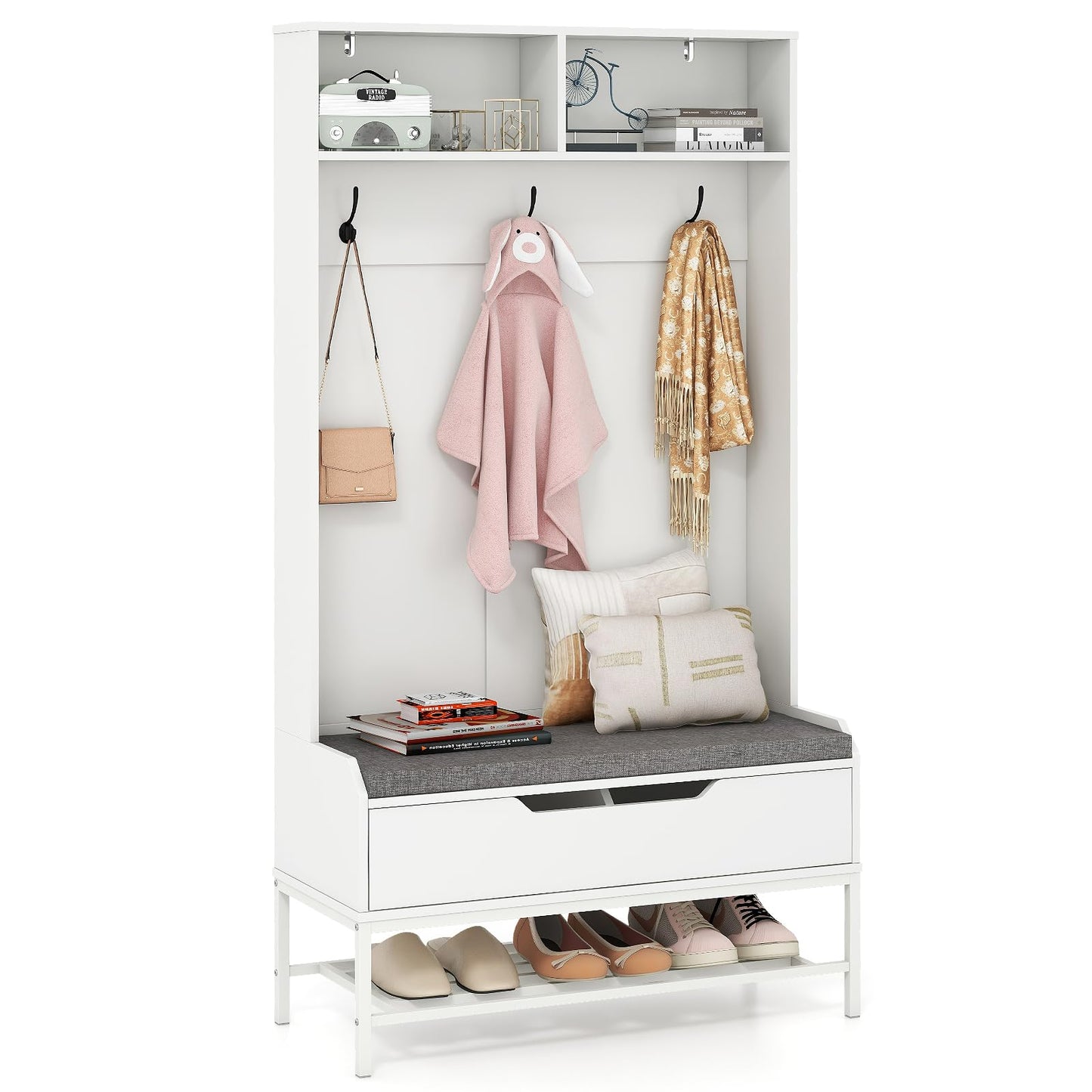 Tangkula 69 Inches Hall Tree, 4-in-1 Coat Rack with Bench and Shoe Storage, Seat Cushion