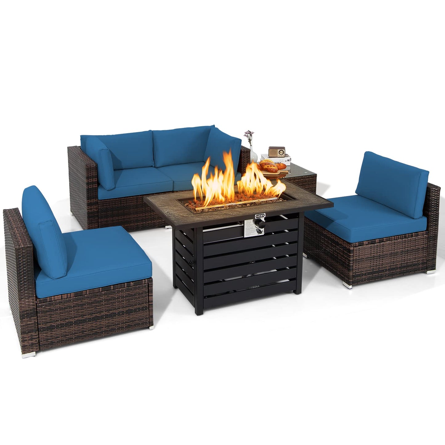 Tangkula 6-Piece Outdoor Wicker Conversation Set with 42 Inches Propane Fire Pit Table
