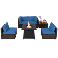 Tangkula 6-Piece Outdoor PE Wicker Conversation Set Cushions and Tempered Glass Coffee TableGas Fire Pit Table with 50,000 BTU