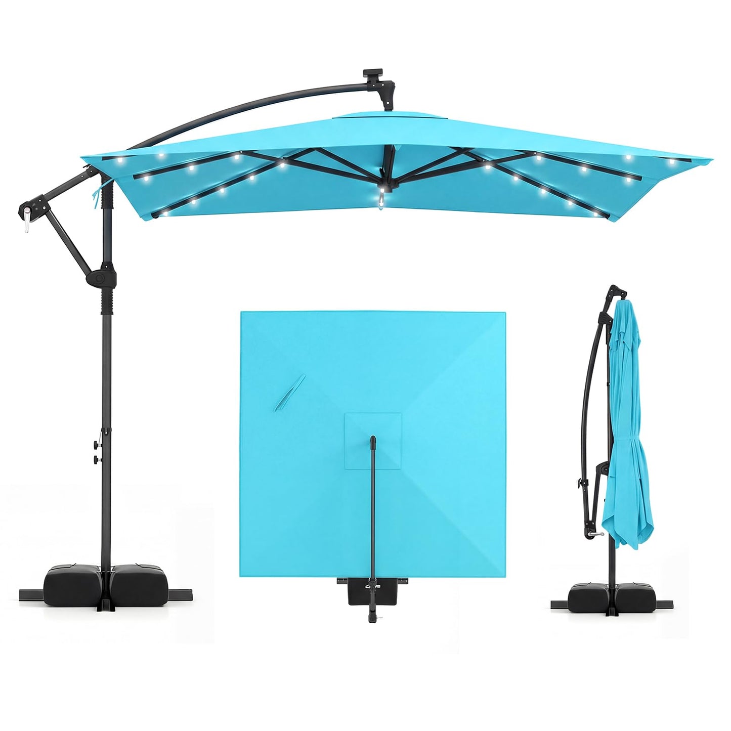 Tangkula 8x8 FT Solar Patio Umbrella with Base Included Square Offset Cantilever 360 Degree Rotation 32 LED Lights