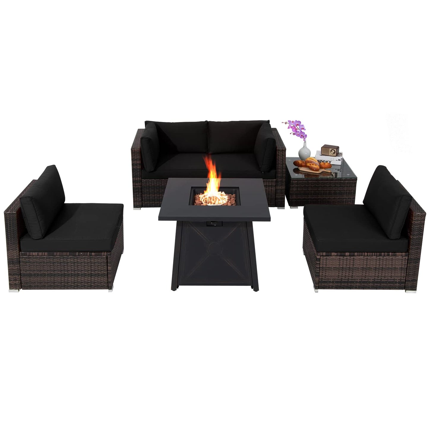 Tangkula 6-Piece Outdoor PE Wicker Conversation Set Cushions and Tempered Glass Coffee TableGas Fire Pit Table with 50,000 BTU