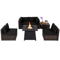 Tangkula 6-Piece Outdoor PE Wicker Conversation Set Cushions and Tempered Glass Coffee TableGas Fire Pit Table with 50,000 BTU