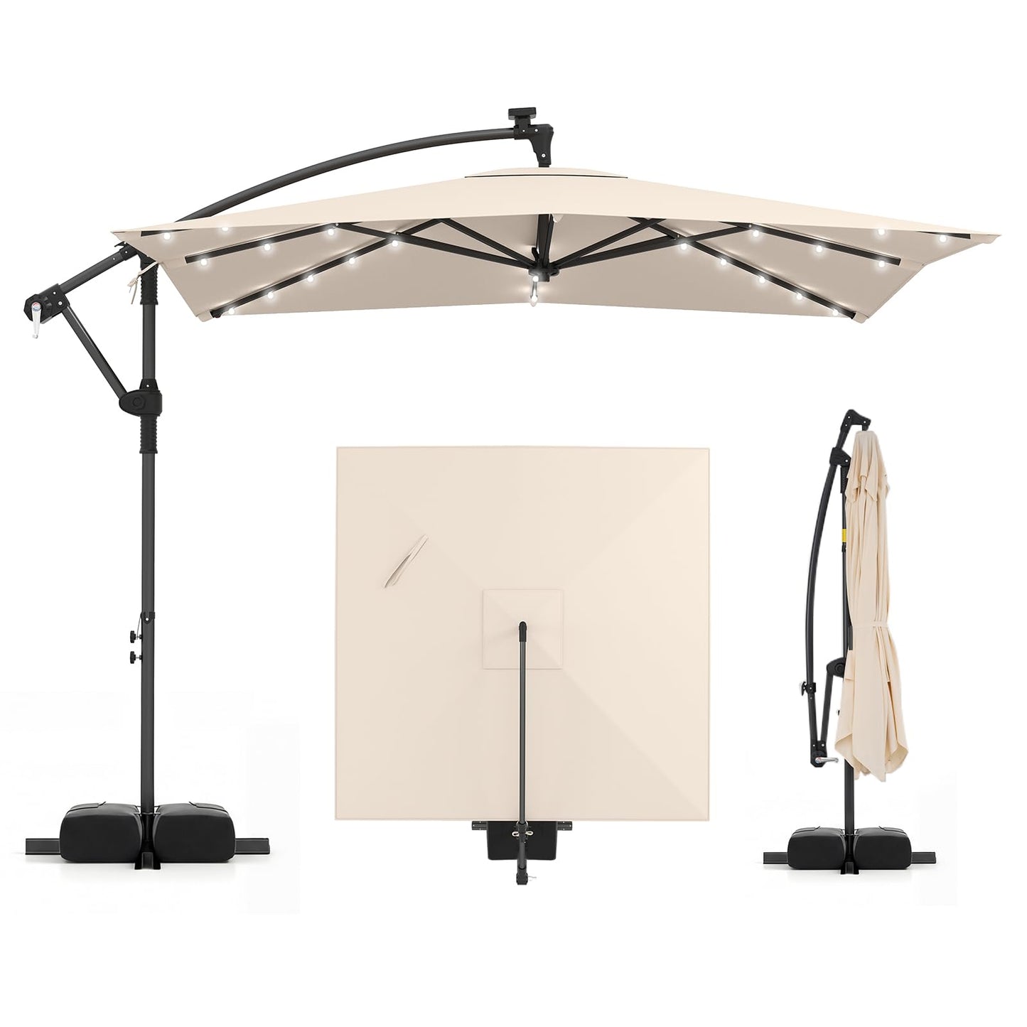 Tangkula 8x8 FT Solar Patio Umbrella with Base Included Square Offset Cantilever 360 Degree Rotation 32 LED Lights