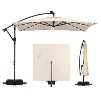 Tangkula 8x8 FT Solar Patio Umbrella with Base Included Square Offset Cantilever 360 Degree Rotation 32 LED Lights