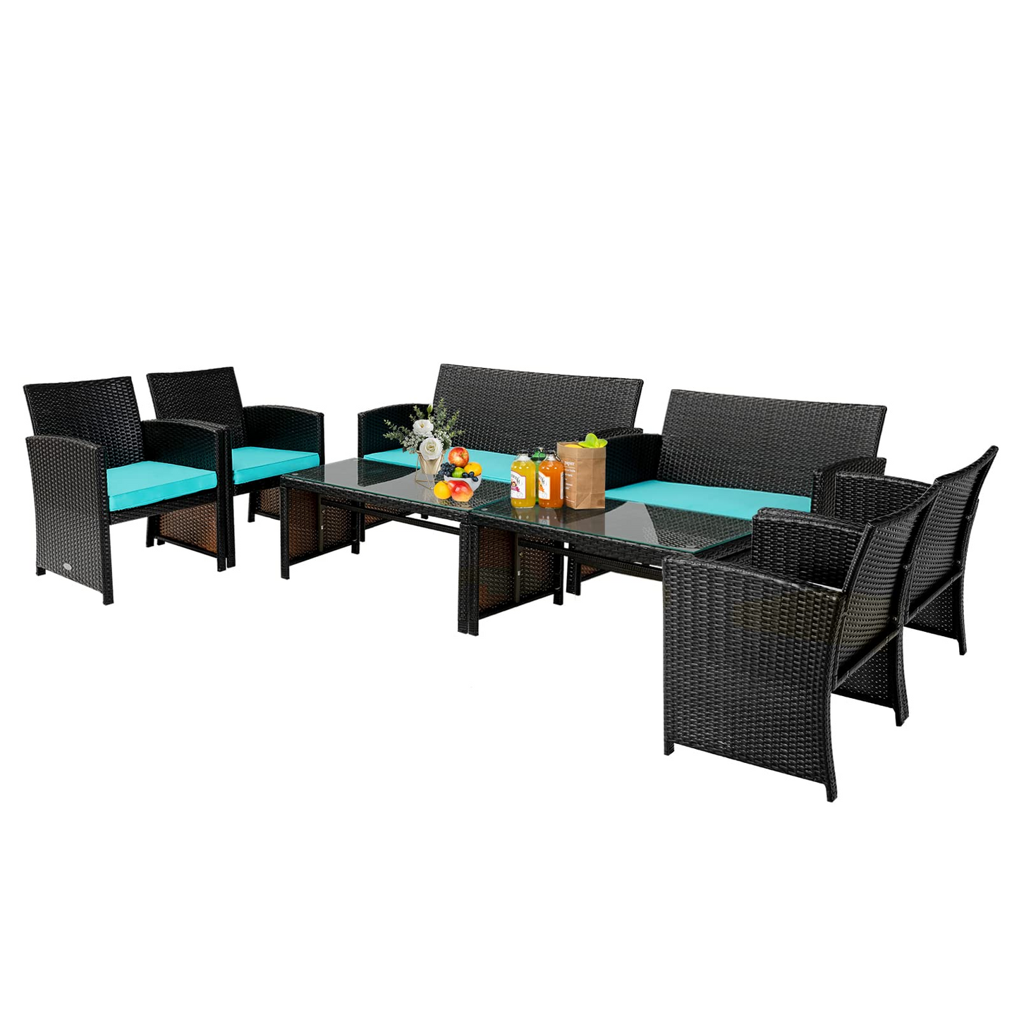 Tangkula 4 Pieces Rattan Furniture Set, Outdoor Conversation Set w/Chair & Loveseat & Tempered Glass Coffee Table