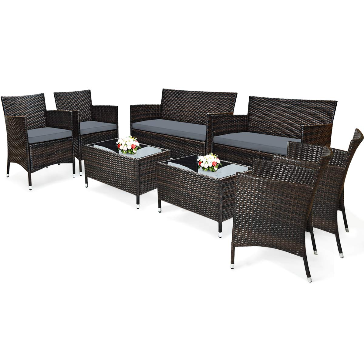 Tangkula 4-PCS Patio Rattan Conversation Set, Outdoor Wicker Furniture Set with Tempered Glass Coffee Table &Thick Cushion