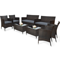 Tangkula 4-PCS Patio Rattan Conversation Set, Outdoor Wicker Furniture Set with Tempered Glass Coffee Table &Thick Cushion