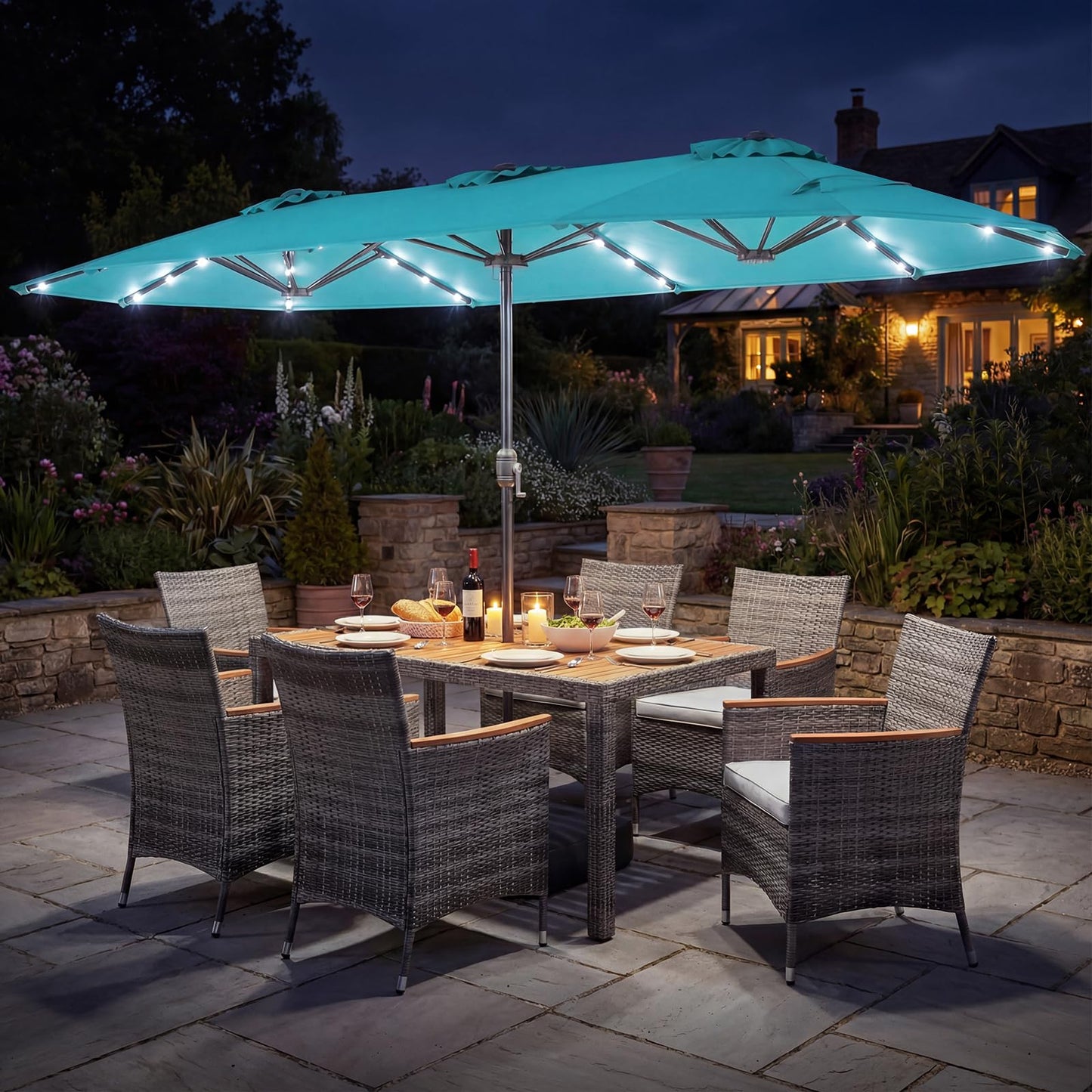 Tangkula 9 Pieces Rattan Outdoor Dining Set with 13Ft Solar Patio Umbrella for 6