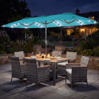 Tangkula 9 Pieces Rattan Outdoor Dining Set with 13Ft Solar Patio Umbrella for 6