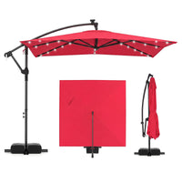 Tangkula 8x8 FT Solar Patio Umbrella with Base Included Square Offset Cantilever 360 Degree Rotation 32 LED Lights