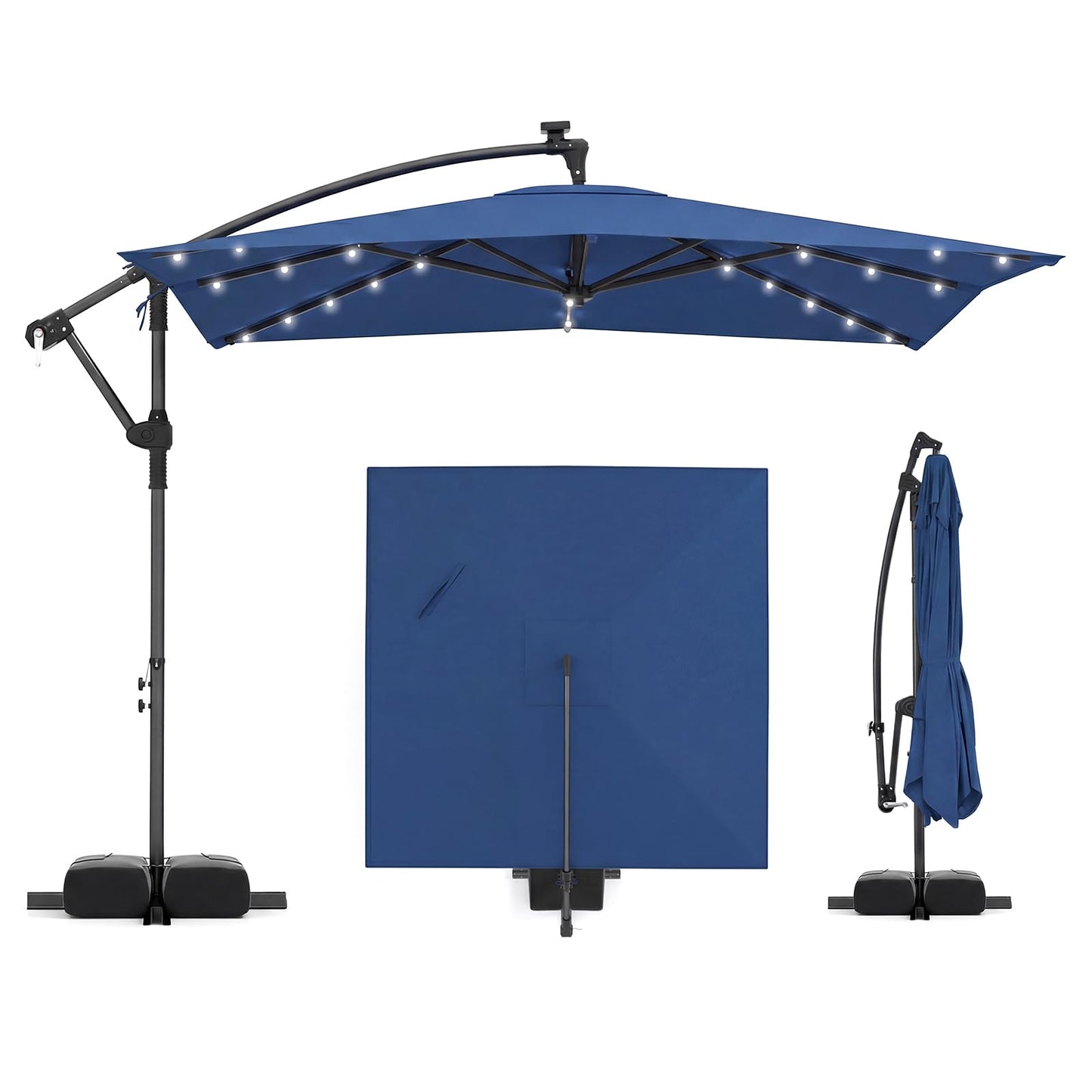 Tangkula 8x8 FT Solar Patio Umbrella with Base Included Square Offset Cantilever 360 Degree Rotation 32 LED Lights