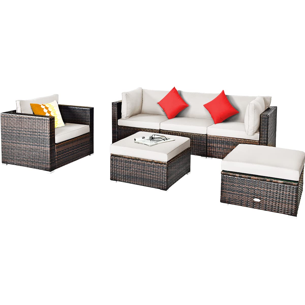 6 Pieces Patio Rattan Sectional Furniture Set, Outdoor Wicker Conversation Set with Glass Coffee Table Sofa Ottoman