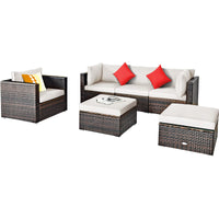6 Pieces Patio Rattan Sectional Furniture Set, Outdoor Wicker Conversation Set with Glass Coffee Table Sofa Ottoman