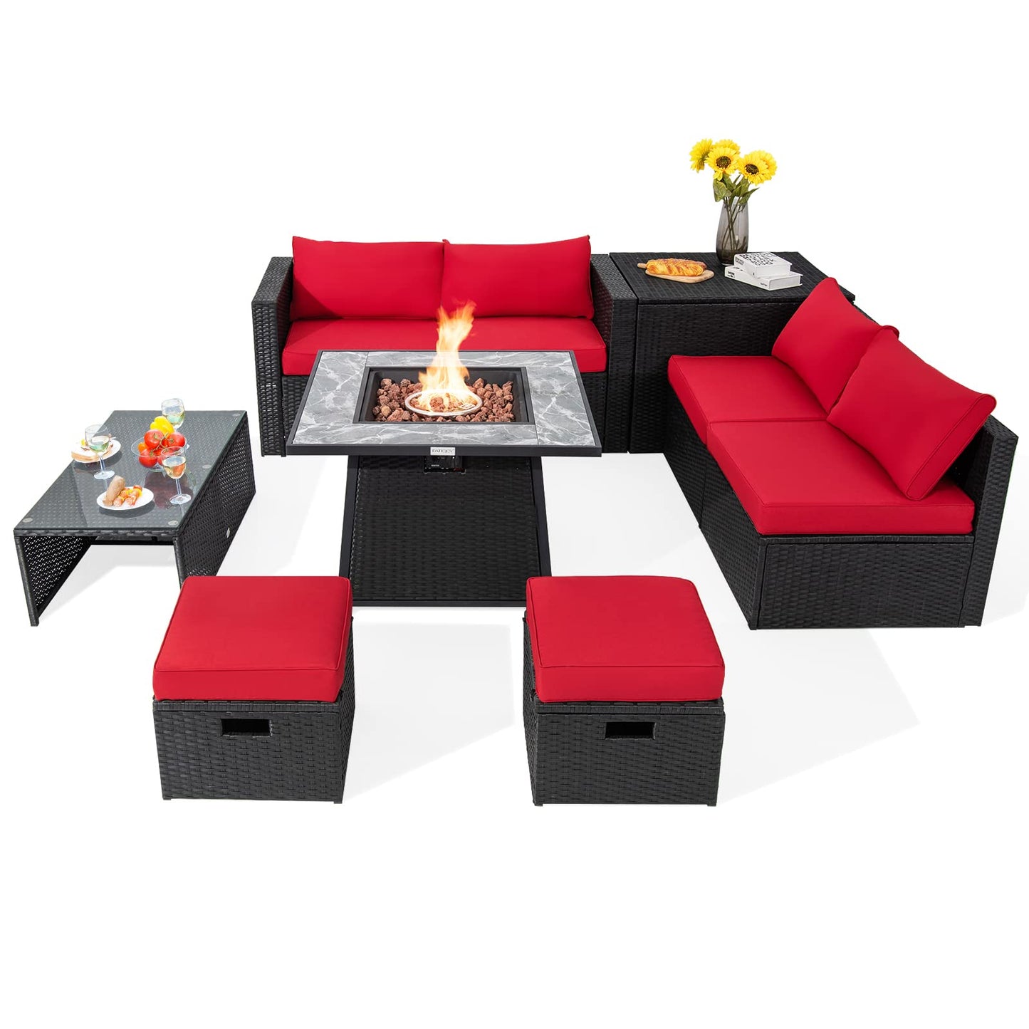 Tangkula 9 Pieces Outdoor PE Rattan Sectional Sofa with 35-Inch Gas Fire Pit Table