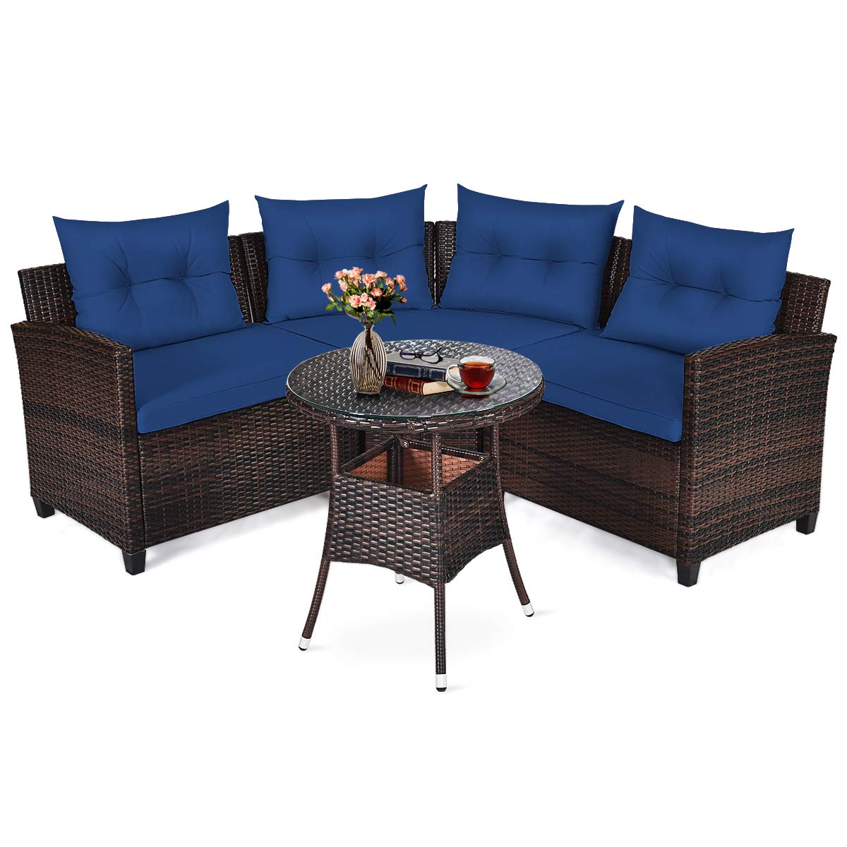 4-Piece Patio Furniture Set, C-Shape Outdoor Wicker Sectional Sofa Set