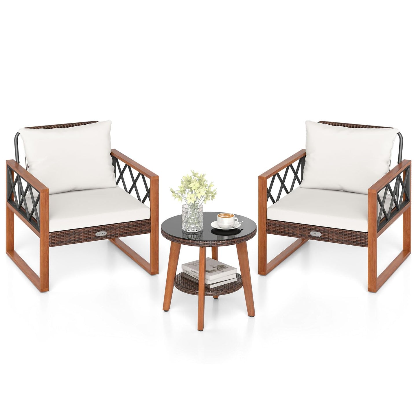 Ensemble de meubles de patio en osier Tangkula 3 pièces avec cadre en bois d'acacia