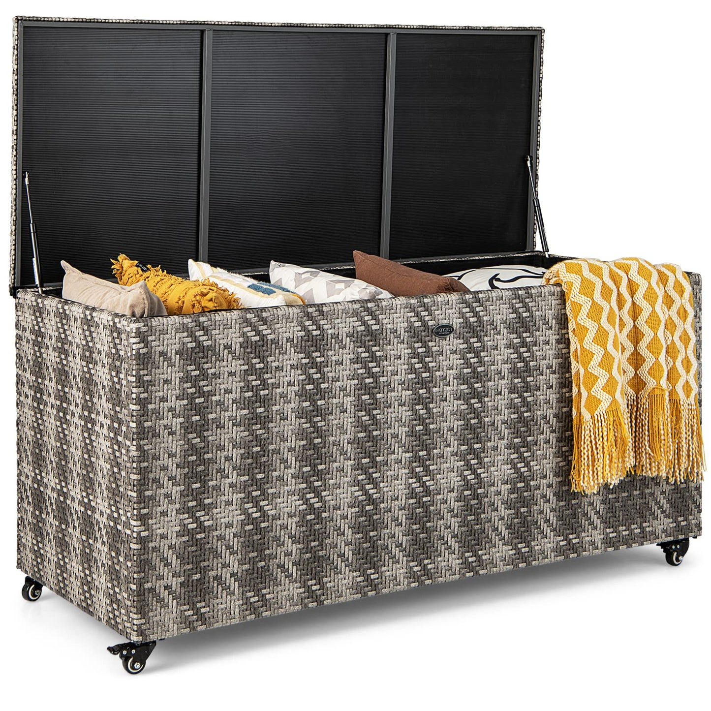 Tangkula 96 Gallon Deck Box, PE Wicker Outdoor Storage Box with 4 Wheels and Waterproof Zippered Liner